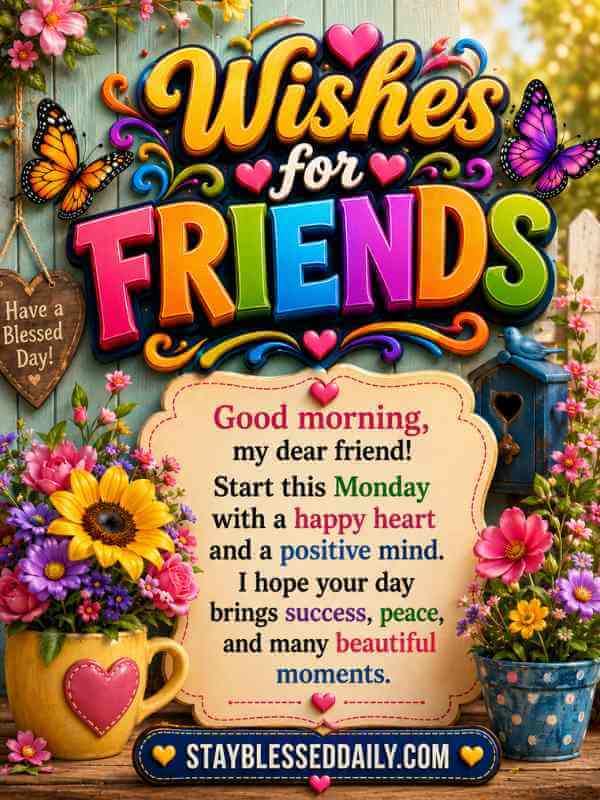 Good morning, my dear friend! Start this Monday with a happy heart and a positive mind. I hope your day brings success, peace, and many beautiful moments.