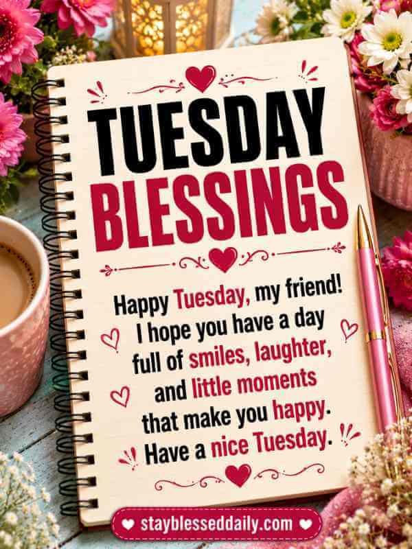 Tuesday morning blessings image with beautiful floral artwork and uplifting message celebrating God's love, hope, peace, and happiness.