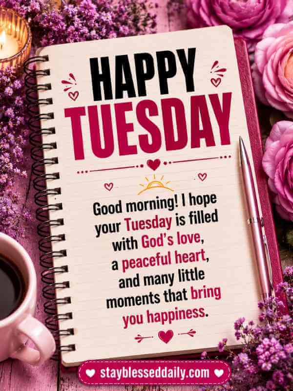 Beautiful Tuesday Blessings image with cute floral design, inspirational morning greeting, and faith-filled message for family and friends.
