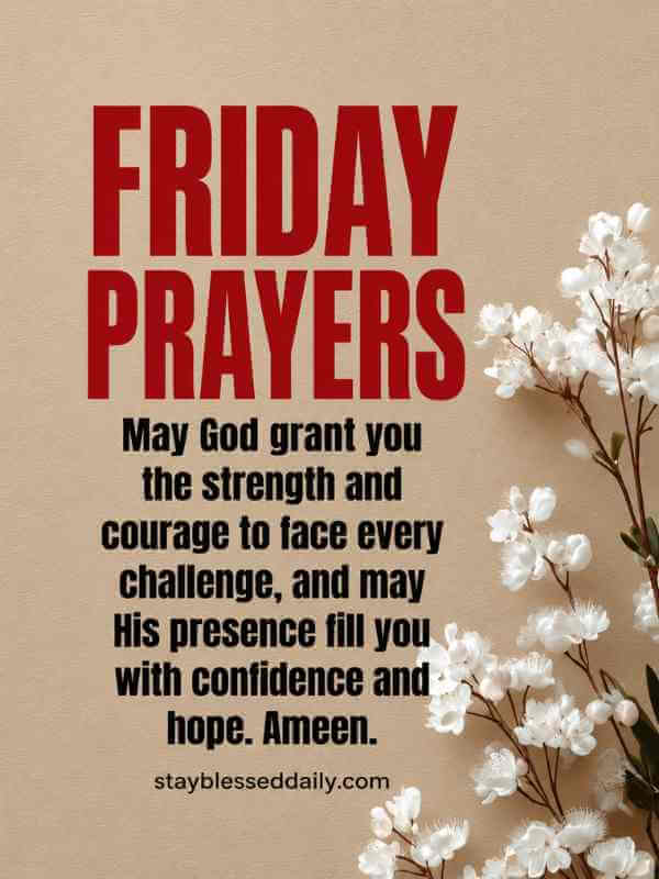 Friday Prayers – Friday Prayers image featuring a powerful Christian prayer for strength, courage, confidence, hope, and God's guidance, elegant floral design, Friday morning blessings.