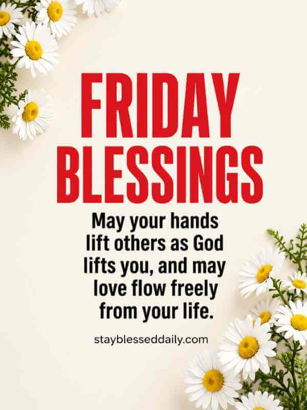 Friday Blessings – Friday Blessings image with uplifting Christian message about love, kindness, and God's blessings, elegant daisy floral background, Friday morning inspiration, faith quotes.