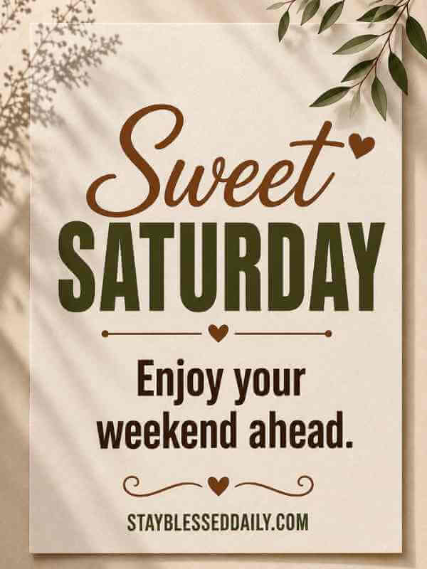 Sweet Saturday – Minimalist Sweet Saturday greeting image with a warm aesthetic background and the message "Enjoy your weekend ahead," perfect for sharing Saturday wishes, weekend happiness, positivity, and peaceful blessings.