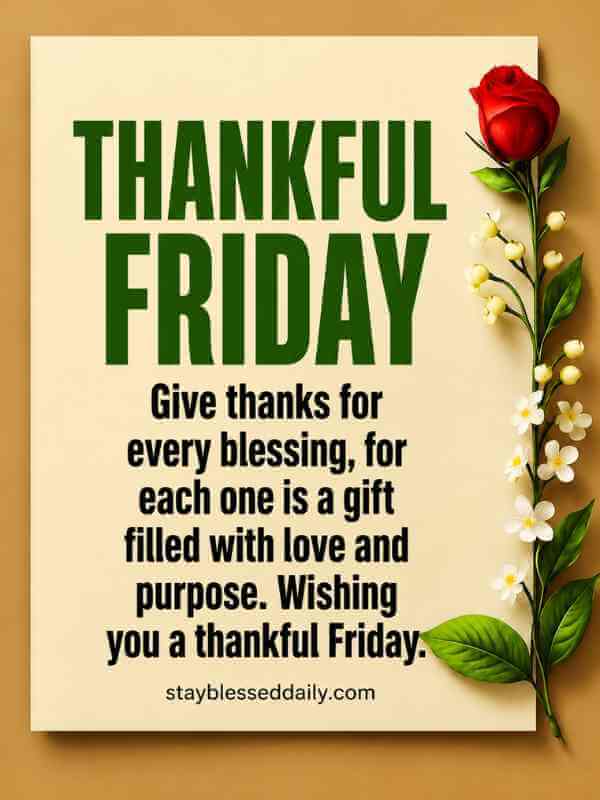 Thankful Friday – Thankful Friday blessings image with gratitude message, elegant red rose floral design, Christian Friday encouragement, thankful heart, faith, hope, inspirational Friday quotes.