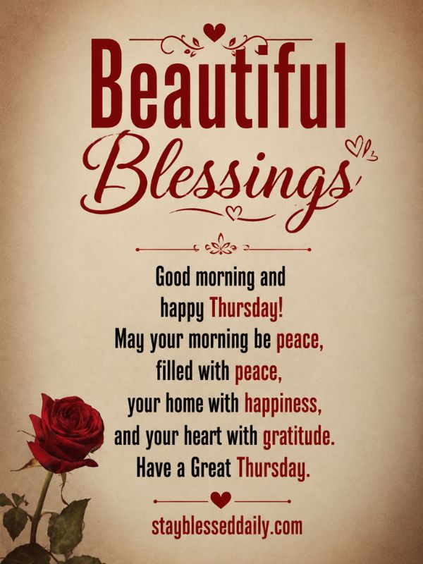 Beautiful Blessings – Happy Thursday good morning blessings image with a vintage rose background and inspirational message, "May your morning be filled with peace, your home with happiness, and your heart with gratitude." Beautiful Thursday blessings and wishes