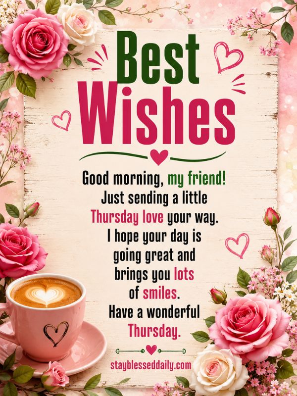 Best Wishes Good Morning Wishes for Friends  – Happy Thursday good morning wishes image with colorful roses, coffee cup, and heartfelt friendship message, "Sending a little Thursday love your way. I hope your day is going great and brings you lots of smiles." Thursday greetings