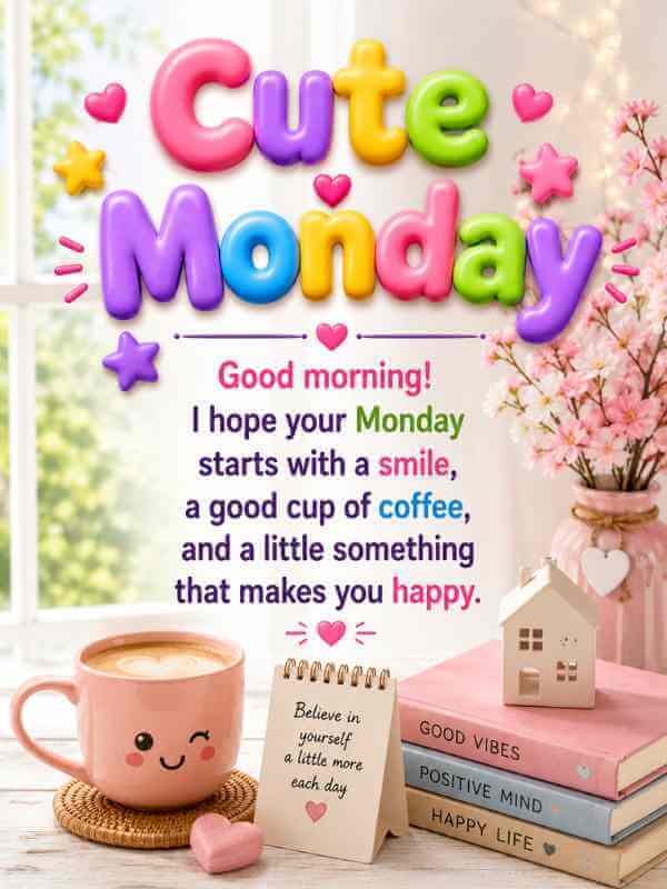 Cute Monday Blessings image with cheerful good morning quote coffee flowers and happy Monday greeting
