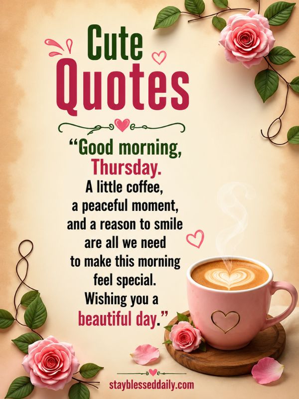 Cute Quotes – Good morning Thursday quote image with elegant floral background, coffee-themed inspiration, and uplifting message about peace, smiles, and a beautiful day. Cute Thursday morning quotes and greetings