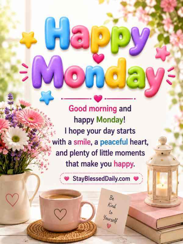 Happy Monday Blessings image with inspirational good morning message flowers coffee and positive wishes