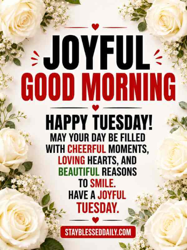Joyful Good Morning Happy Tuesday Blessings image with beautiful white roses, cheerful morning wishes, positive Tuesday greeting, and elegant floral background | StayBlessedDaily.com