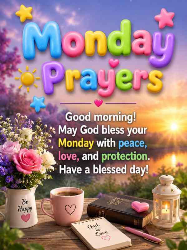 Monday Blessings prayer image asking God for peace love protection and a blessed Monday morning