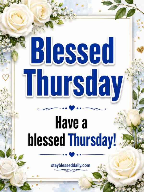 Blessed Thursday greeting image with elegant white floral design and uplifting blessing message. Beautiful Thursday blessings image to share with family and friends