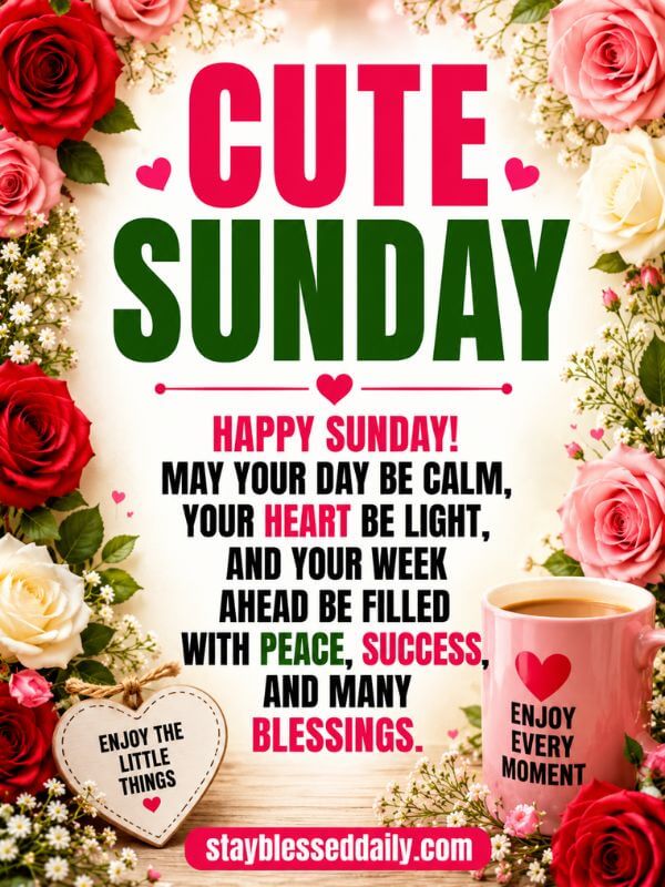 Cute Sunday Blessings image with beautiful flowers, Happy Sunday wishes, peaceful morning blessing, inspirational quote, and stayblesseddaily.com.