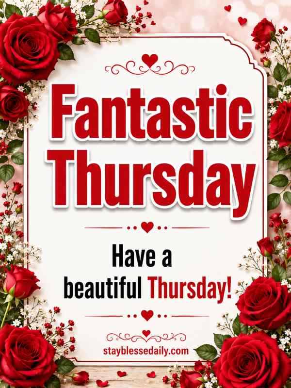 Fantastic Thursday blessings image with vibrant red roses and inspirational greeting, wishing you a beautiful Thursday filled with happiness, love, peace, and God's blessings.