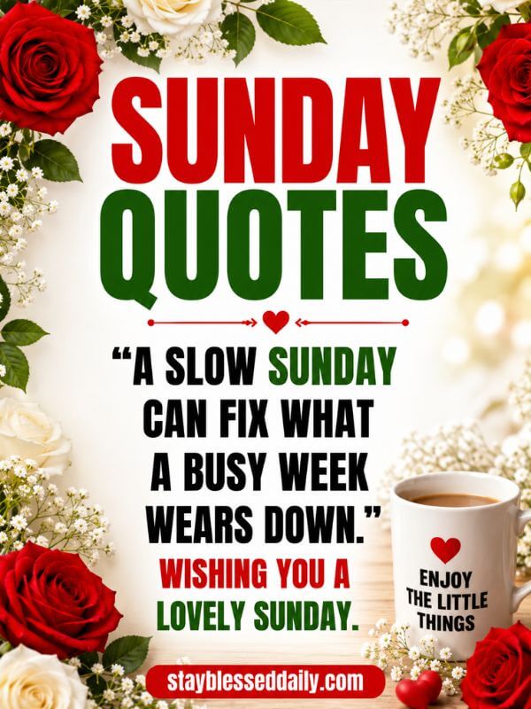 Sunday Quotes inspirational blessing image with peaceful floral background, motivational Sunday quote, weekend encouragement, and stayblesseddaily.com.