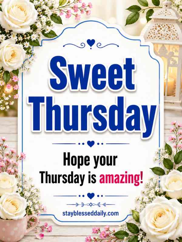 Sweet Thursday blessings image with elegant floral background, wishing an amazing Thursday filled with joy, peace, love, and God's abundant blessings. Thursday greetings