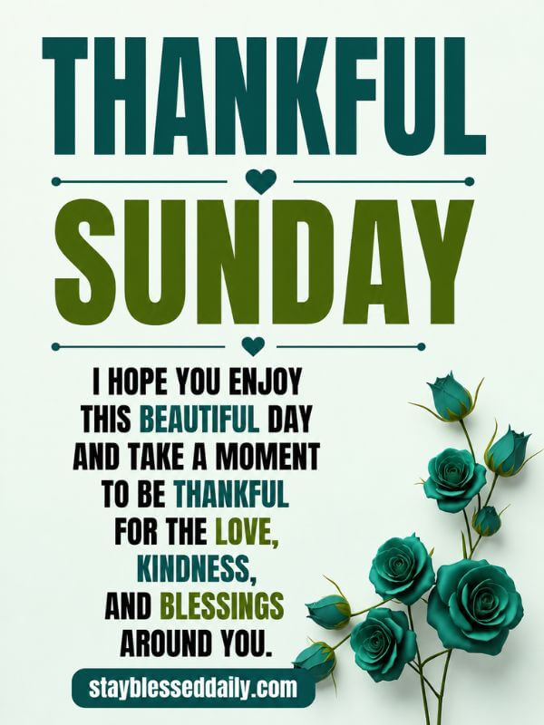Thankful Sunday Blessings floral image with blue roses, gratitude message, Sunday inspiration, peaceful morning wishes, and stayblesseddaily.com.