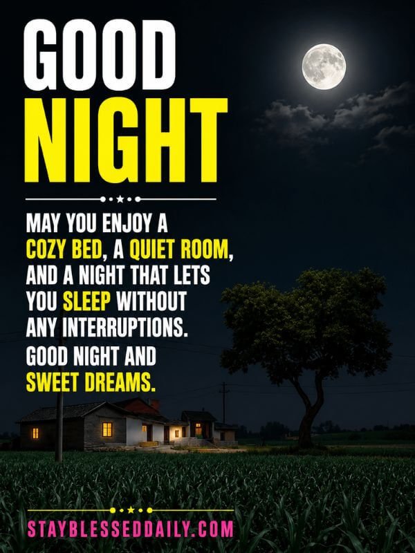 Good night blessing with a peaceful moonlit farmhouse, cozy home, green field, and sweet dreams message