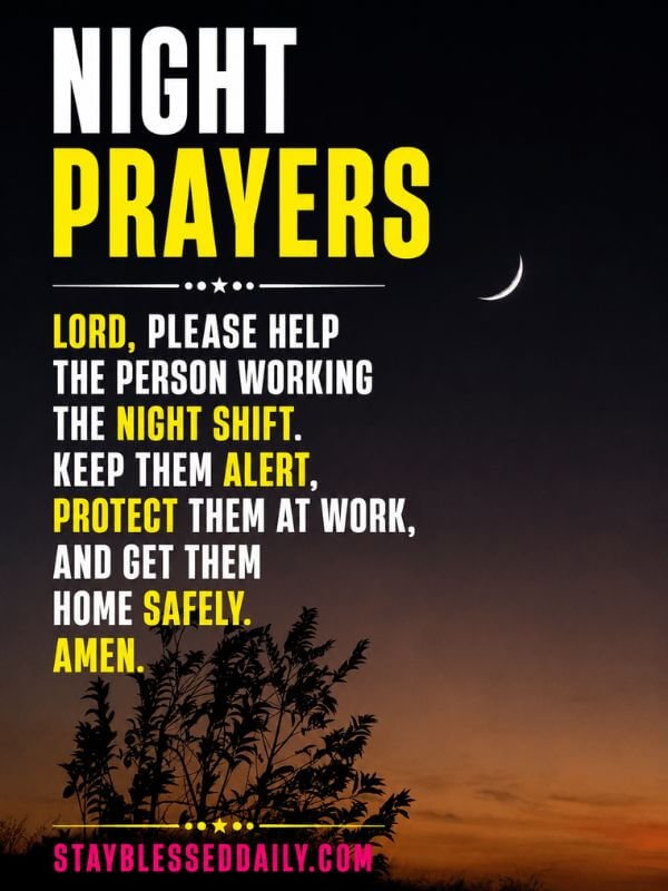 Powerful Good Night prayers for someone working a night shift, with a crescent moon and peaceful evening sky