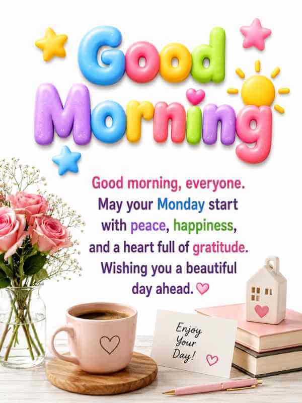 Monday Blessings Good Morning image with colorful typography peaceful morning wishes and beautiful floral background