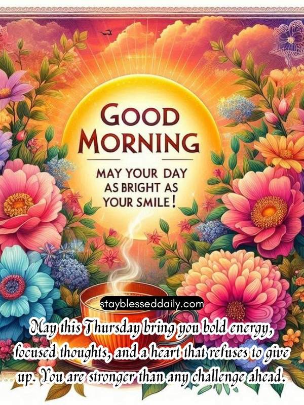 Good Morning Thursday Blessings - May this Thursday bring you bold energy, focused thoughts, and a heart that refuses to give up. You are stronger than any challenge ahead.