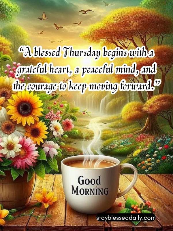 Blessed Thursday Morning Quotes - “A blessed Thursday begins with a grateful heart, a peaceful mind, and the courage to keep moving forward.”